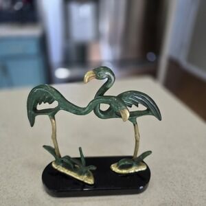 Vintage Mid Century Painted Bronze Figure Flamingo Birds Onyx Base